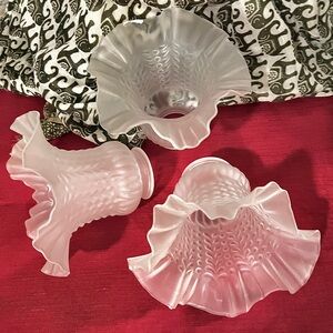 Set of 3 Antique Consolidated Glass Beaded Drape Satin Shades Ground Rim 2.25”